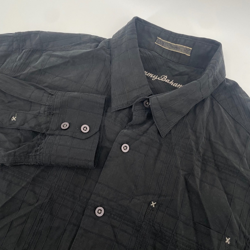 Tommy Bahama Button Down Shirt Mens Medium Black Silk Grid Stitched Long Sleeve